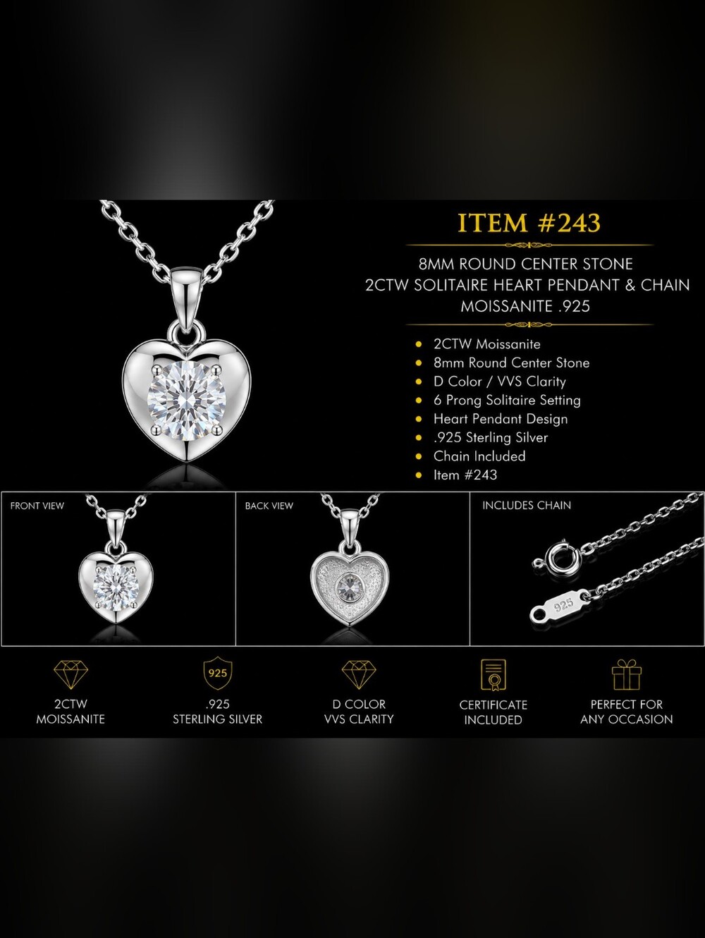 2CTW Heart Moissanite Pendant Necklace 925 Sterling Silver 18” Chain Certified